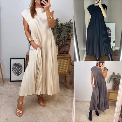 💕Cassimok.com Women's Pleated Solid Color Maxi Dress👗